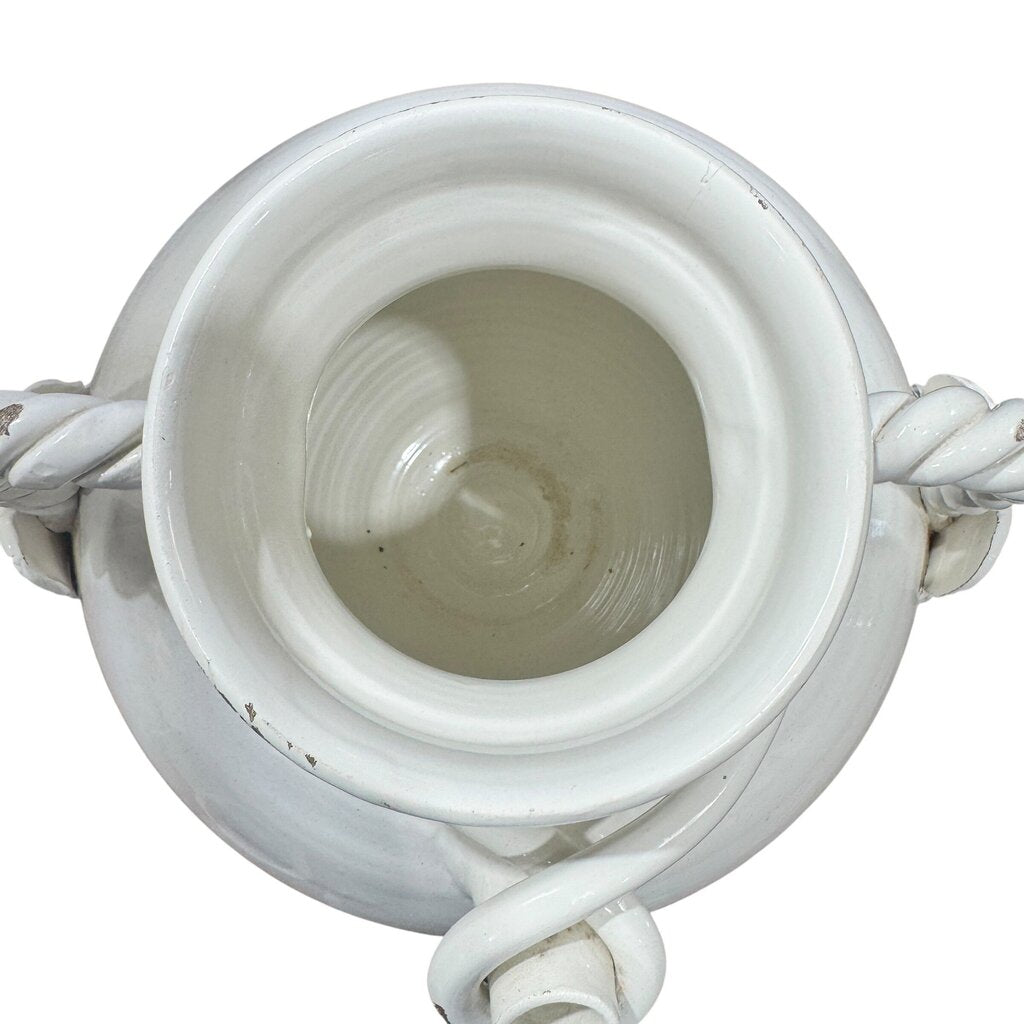 Large White Glazed Lidded Italian Vase w/ Faces Handles & Pouring Spout 11x11x17.5"