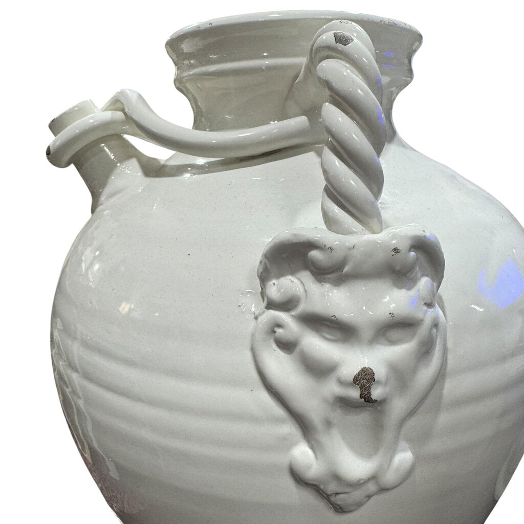 Large White Glazed Lidded Italian Vase w/ Faces Handles & Pouring Spout 11x11x17.5"