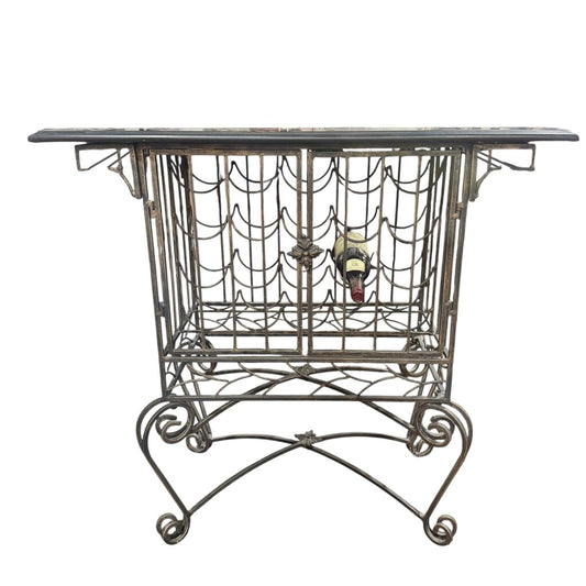 20 Bottle Wrought Iron Wine Rack w/ Black Granite Top Wine Glasses Hang From Bottom 38Lx18Wx36H