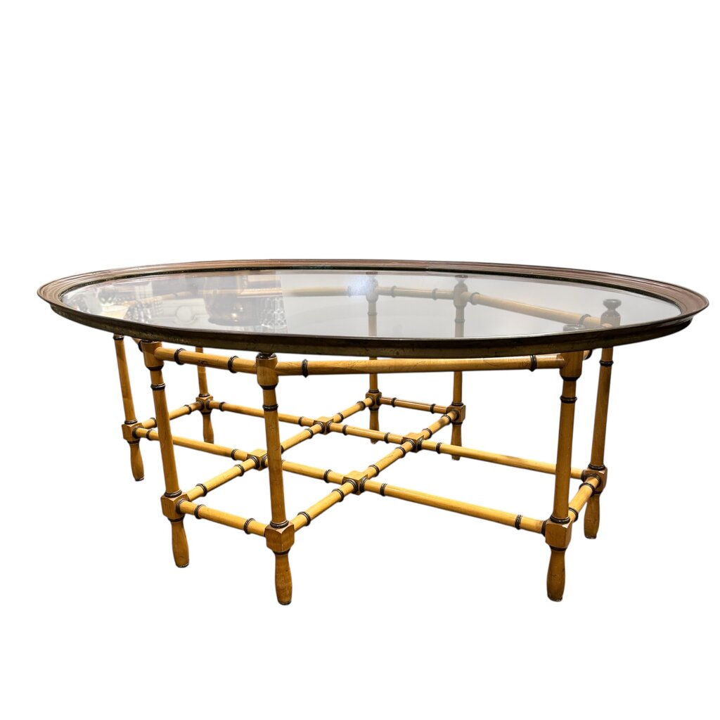 Vintage Hollywood Regency Baker Cocktail Table Faux Bamboo Wood Base w/ Brass Oval Glass Top 44Lx30Wx16H