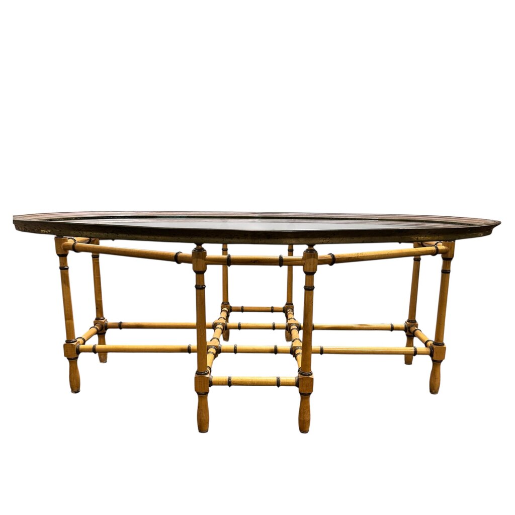 Vintage Hollywood Regency Baker Cocktail Table Faux Bamboo Wood Base w/ Brass Oval Glass Top 44Lx30Wx16H