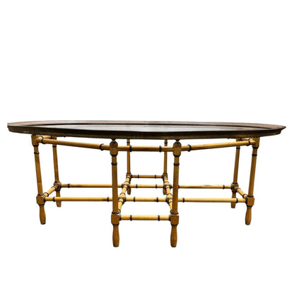Vintage Hollywood Regency Baker Cocktail Table Faux Bamboo Wood Base w/ Brass Oval Glass Top 44Lx30Wx16H