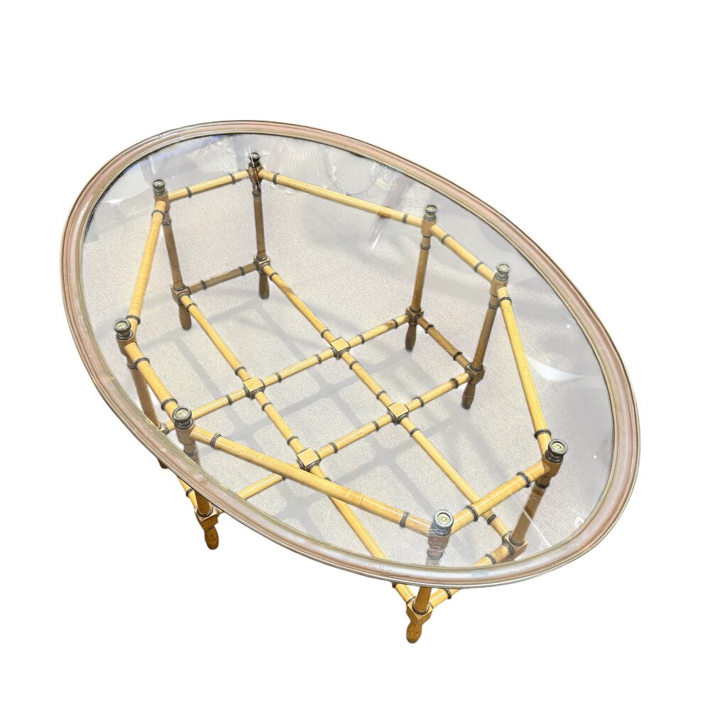 Vintage Hollywood Regency Baker Cocktail Table Faux Bamboo Wood Base w/ Brass Oval Glass Top 44Lx30Wx16H