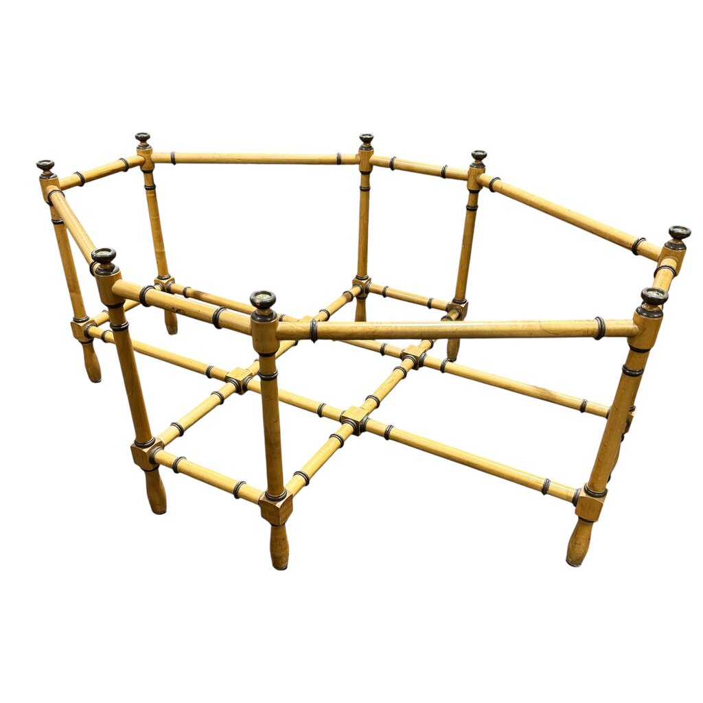 Vintage Hollywood Regency Baker Cocktail Table Faux Bamboo Wood Base w/ Brass Oval Glass Top 44Lx30Wx16H
