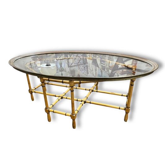Vintage Hollywood Regency Baker Cocktail Table Faux Bamboo Wood Base w/ Brass Oval Glass Top 44Lx30Wx16H
