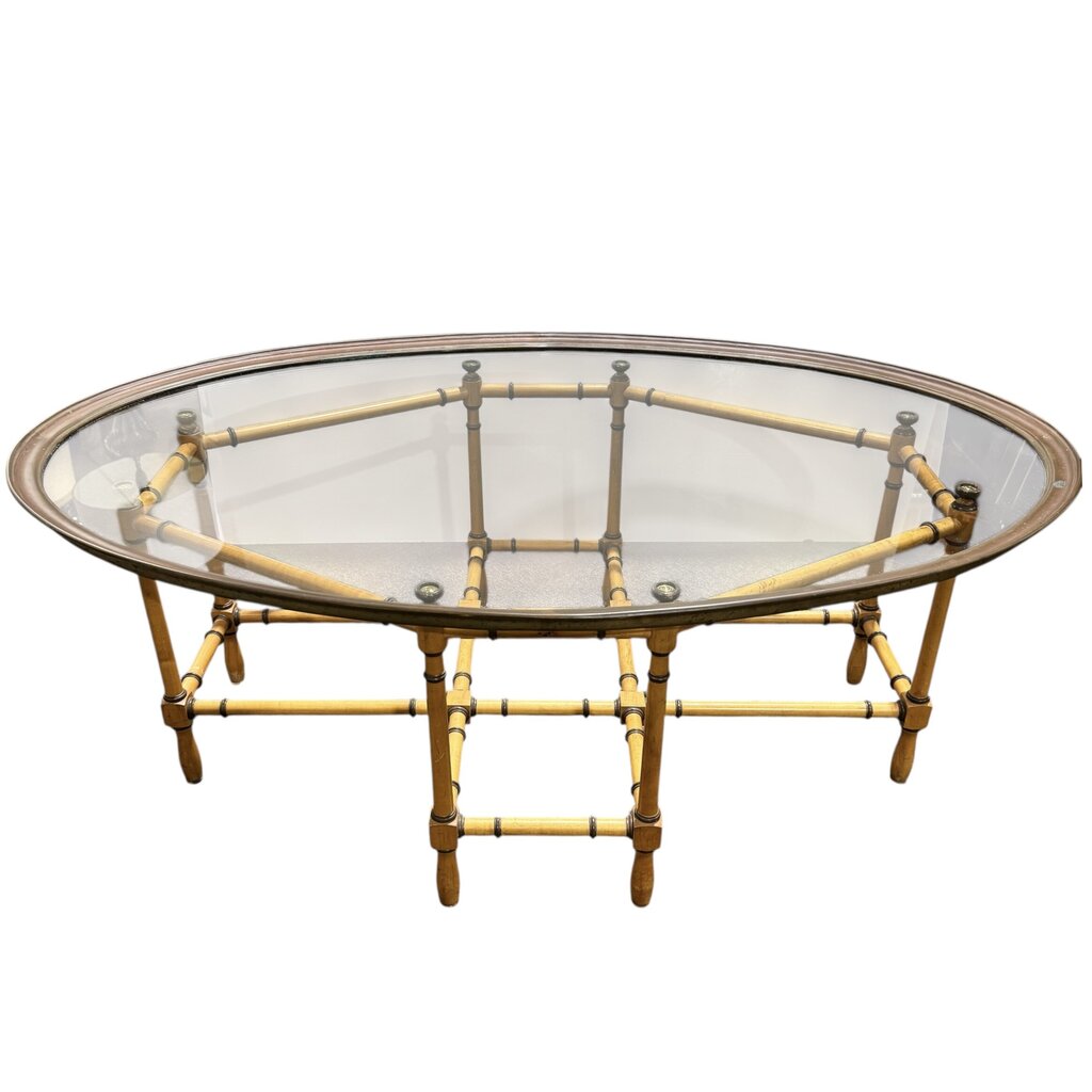 Vintage Hollywood Regency Baker Cocktail Table Faux Bamboo Wood Base w/ Brass Oval Glass Top 44Lx30Wx16H