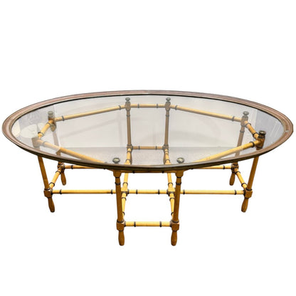 Vintage Hollywood Regency Baker Cocktail Table Faux Bamboo Wood Base w/ Brass Oval Glass Top 44Lx30Wx16H