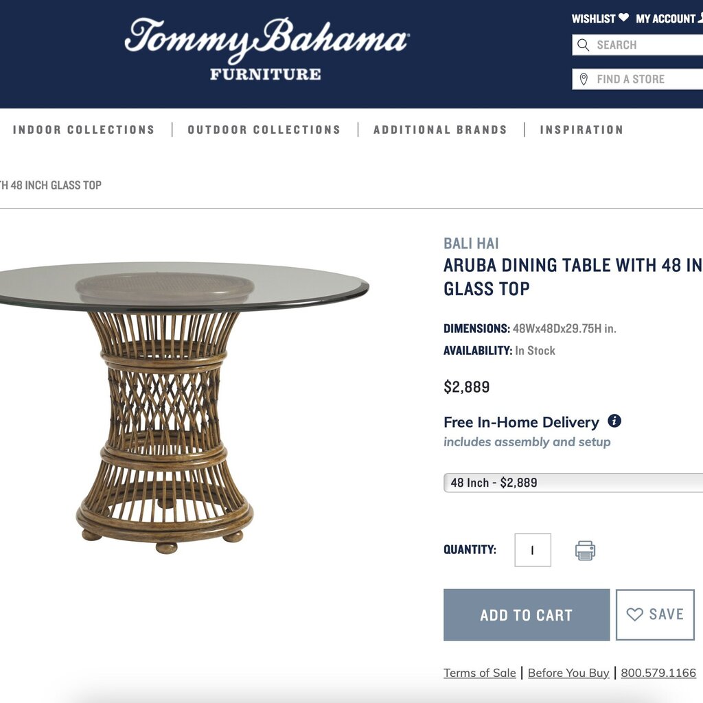 Tommy Bahama Aruba 48" Glass Top Rattan Dining Table w/ 4 Island Estate Mangrove Chairs