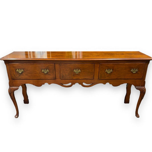 Vintage Solid Mahogany Queen Anne Style Three Drawer Sideboard/ Buffet/ Console w/ Brass Pulls 72Lx19Wx34H