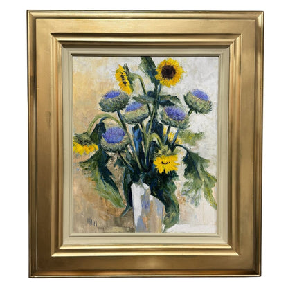 Listed Artist Jean-Pierre Mocci Original Oil Painting On Canvas "Bouquet Champetre" (Field Bouquet Thistles & Sunflowers) 27Lx32H