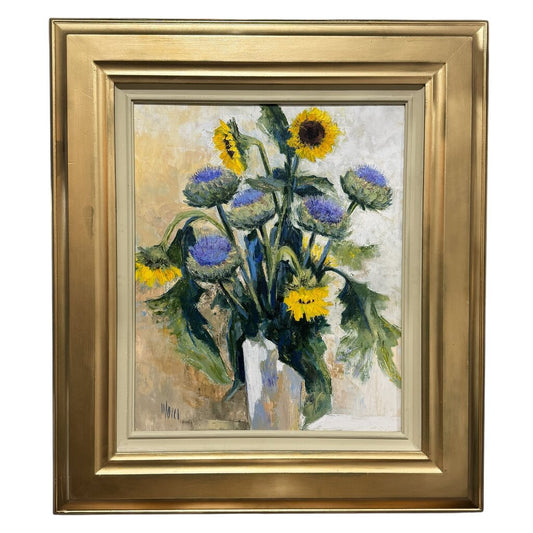 Listed Artist Jean-Pierre Mocci Original Oil Painting On Canvas "Bouquet Champetre" (Field Bouquet Thistles & Sunflowers) 27Lx32H
