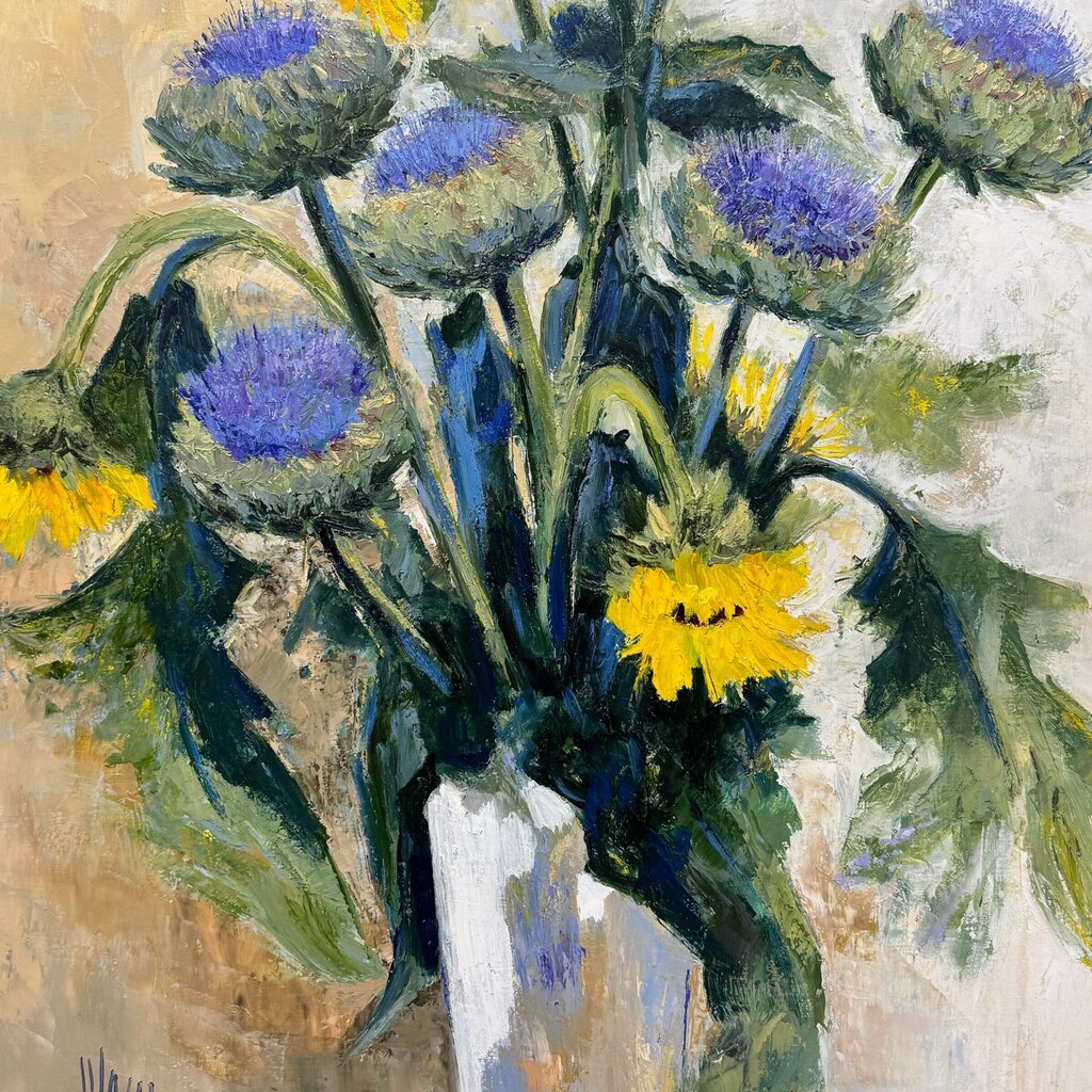 Listed Artist Jean-Pierre Mocci Original Oil Painting On Canvas "Bouquet Champetre" (Field Bouquet Thistles & Sunflowers) 27Lx32H