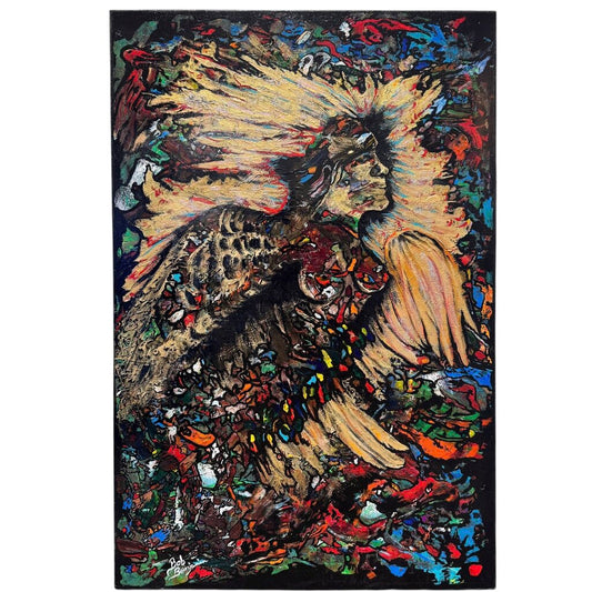 Original Oil on Canvas Spiritual Native American Indian in Feather Headdress "Abstract in Flight" by Artist: Bob Benjamin 24Lx36H