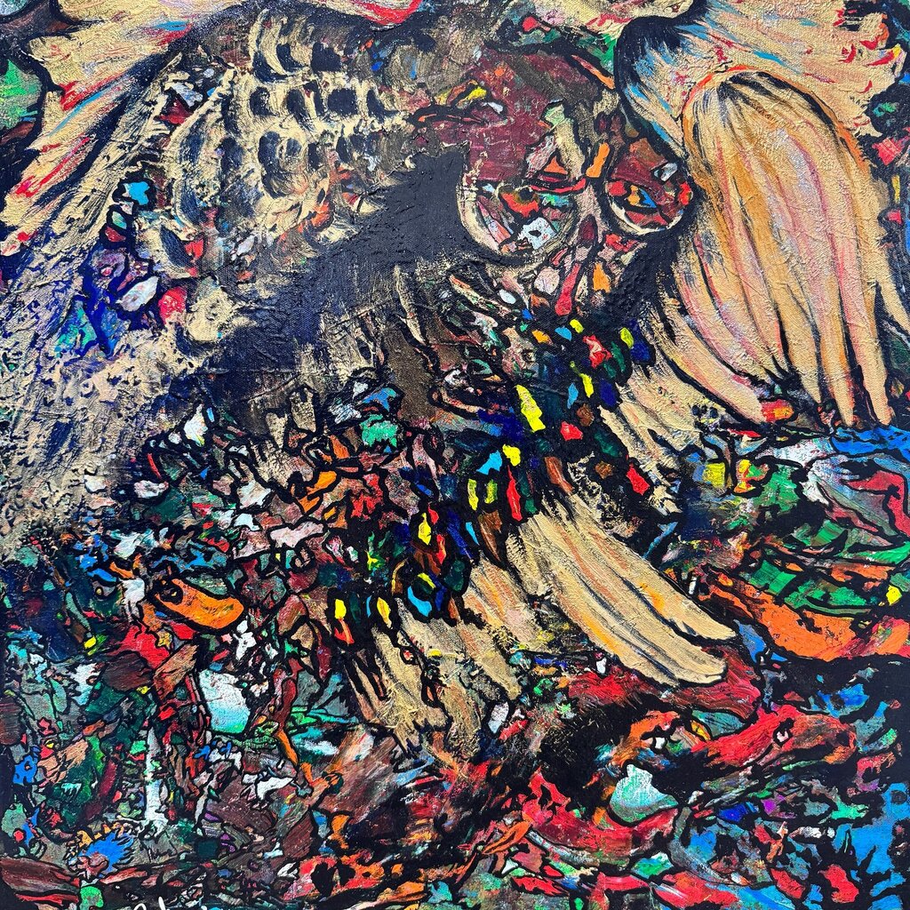 Original Oil on Canvas Spiritual Native American Indian in Feather Headdress "Abstract in Flight" by Artist: Bob Benjamin 24Lx36H