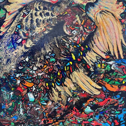 Original Oil on Canvas Spiritual Native American Indian in Feather Headdress "Abstract in Flight" by Artist: Bob Benjamin 24Lx36H