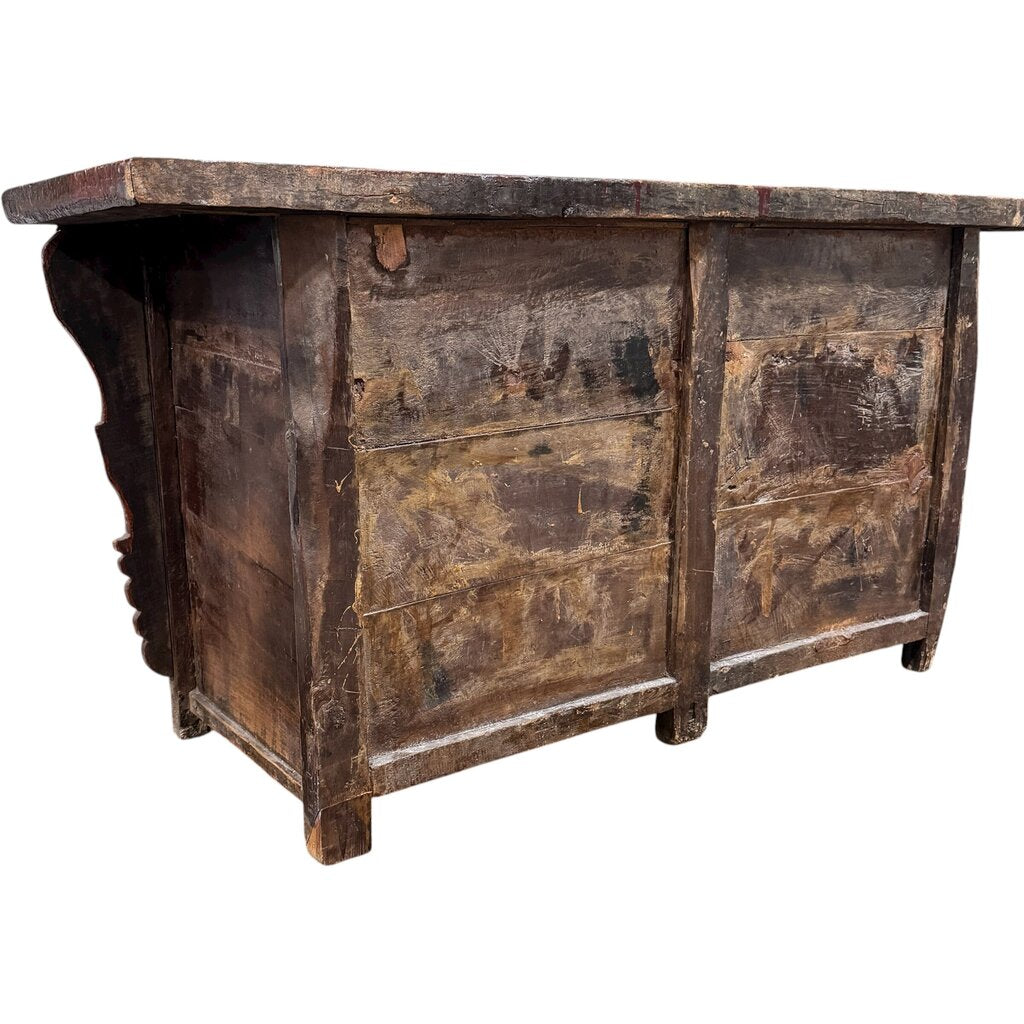 Antique Red Wood Chinoiserie Console w/ Brass Pulls 62Lx23Wx32H