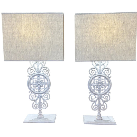 Pair of Solid Iron Scroll Metal Art Lamps w/ Linen Shades 18Lx10Wx35H