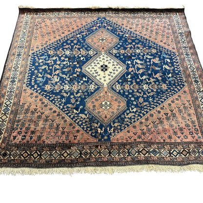 Vintage Qashqai Persian Tribal Rug w/ Vibrant Blue & Rust Hand-knotted Silk & Wool 6'6"x6'8"