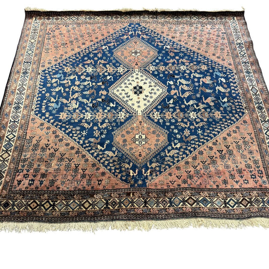 Vintage Qashqai Persian Tribal Rug w/ Vibrant Blue & Rust Hand-knotted Silk & Wool 6'6"x6'8"