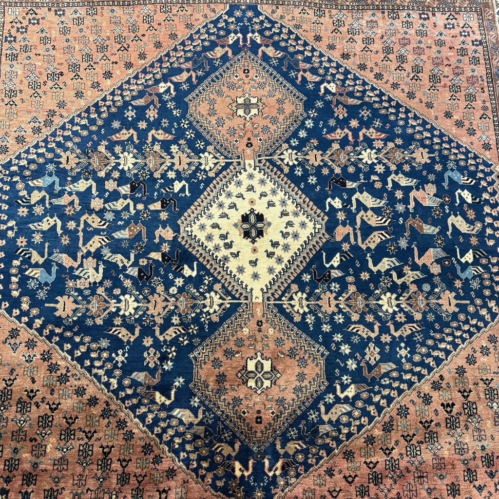 Vintage Qashqai Persian Tribal Rug w/ Vibrant Blue & Rust Hand-knotted Silk & Wool 6'6"x6'8"