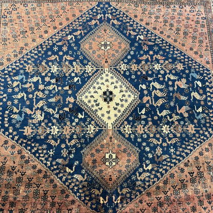 Vintage Qashqai Persian Tribal Rug w/ Vibrant Blue & Rust Hand-knotted Silk & Wool 6'6"x6'8"