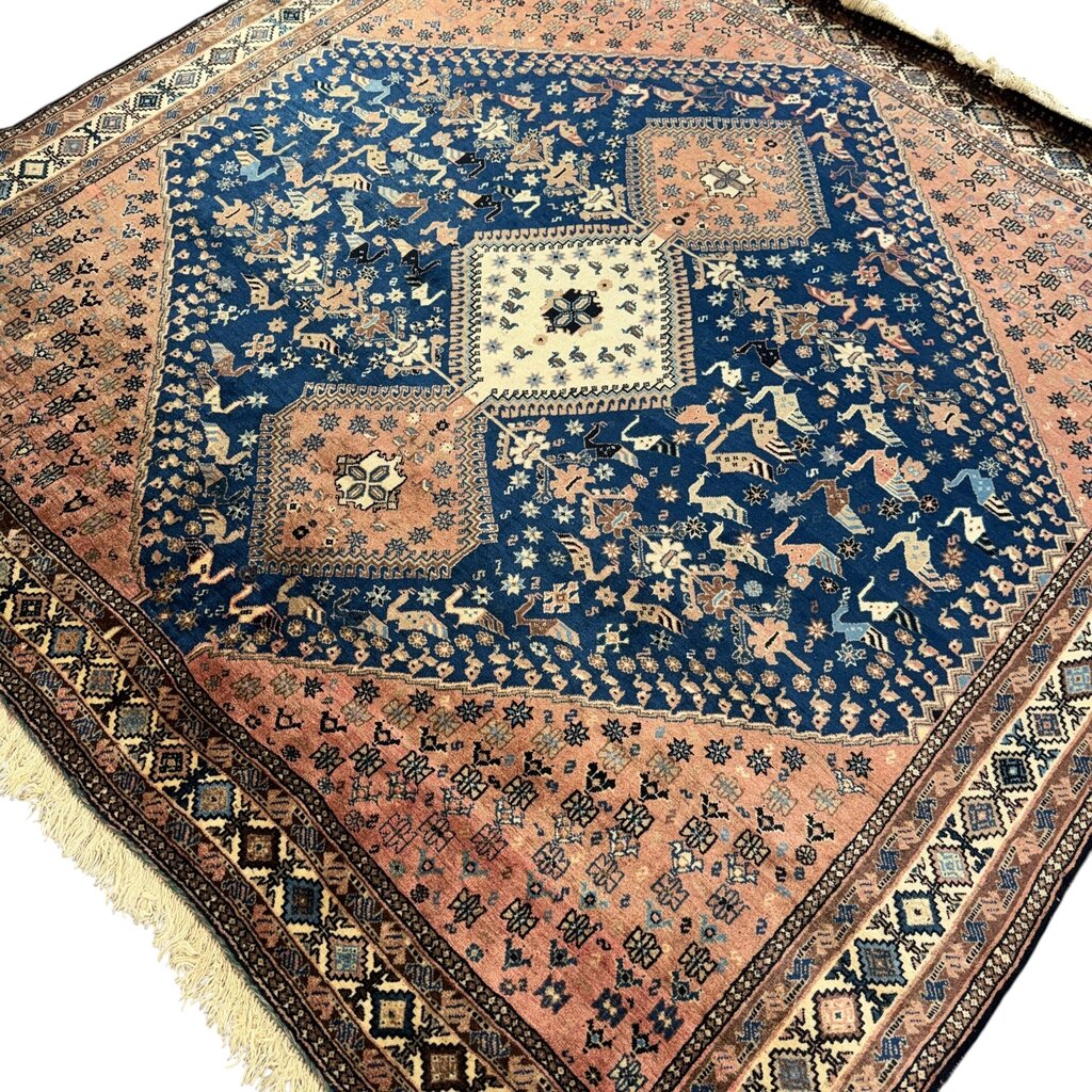 Vintage Qashqai Persian Tribal Rug w/ Vibrant Blue & Rust Hand-knotted Silk & Wool 6'6"x6'8"