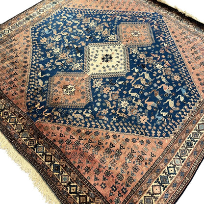 Vintage Qashqai Persian Tribal Rug w/ Vibrant Blue & Rust Hand-knotted Silk & Wool 6'6"x6'8"