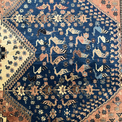 Vintage Qashqai Persian Tribal Rug w/ Vibrant Blue & Rust Hand-knotted Silk & Wool 6'6"x6'8"