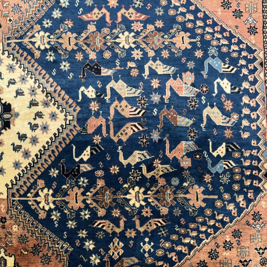 Vintage Qashqai Persian Tribal Rug w/ Vibrant Blue & Rust Hand-knotted Silk & Wool 6'6"x6'8"