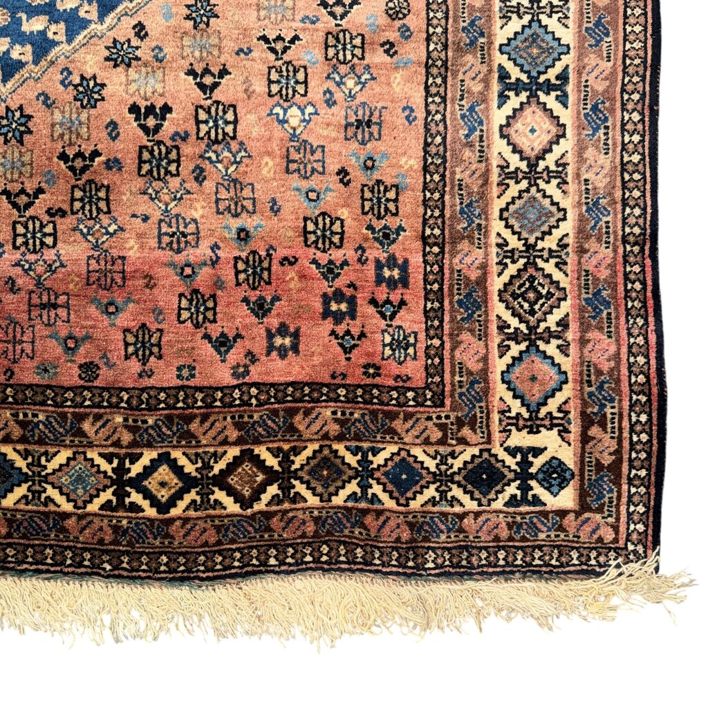 Vintage Qashqai Persian Tribal Rug w/ Vibrant Blue & Rust Hand-knotted Silk & Wool 6'6"x6'8"