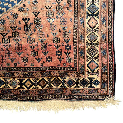 Vintage Qashqai Persian Tribal Rug w/ Vibrant Blue & Rust Hand-knotted Silk & Wool 6'6"x6'8"