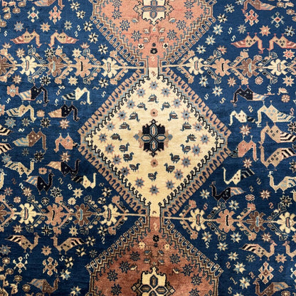 Vintage Qashqai Persian Tribal Rug w/ Vibrant Blue & Rust Hand-knotted Silk & Wool 6'6"x6'8"