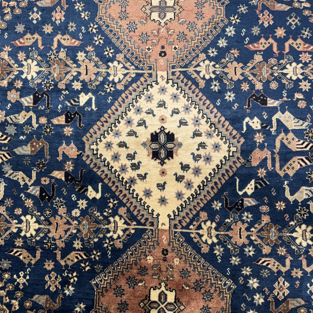 Vintage Qashqai Persian Tribal Rug w/ Vibrant Blue & Rust Hand-knotted Silk & Wool 6'6"x6'8"