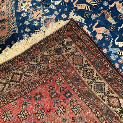 Vintage Qashqai Persian Tribal Rug w/ Vibrant Blue & Rust Hand-knotted Silk & Wool 6'6"x6'8"