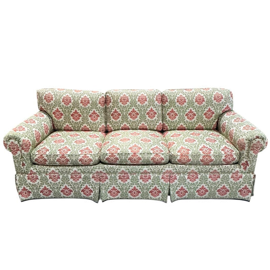 Custom Down Filled Upholstered Sofa w/ Lee Jofa Red & Green Motif Fabric 84Lx36Wx30H