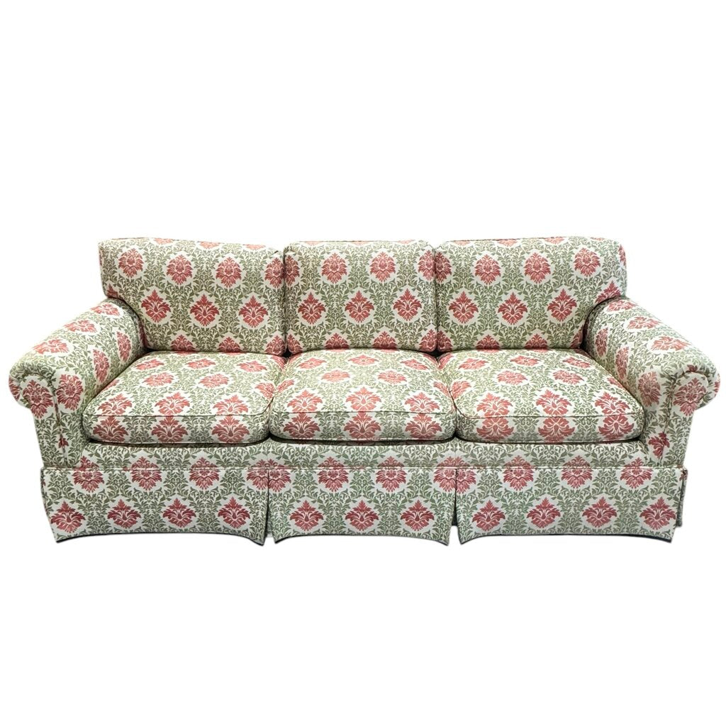 Custom Down Filled Upholstered Sofa w/ Lee Jofa Red & Green Motif Fabric 84Lx36Wx30H