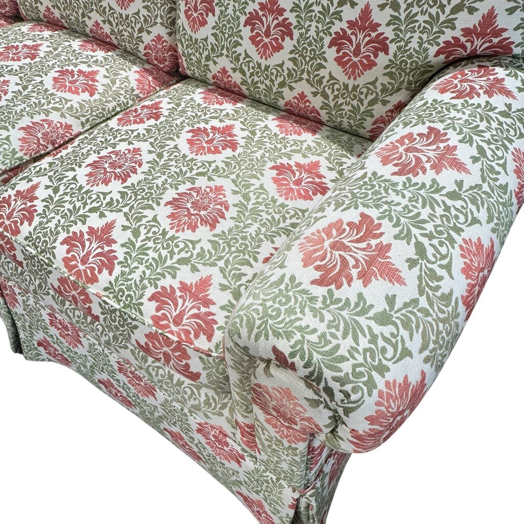 Custom Down Filled Upholstered Sofa w/ Lee Jofa Red & Green Motif Fabric 84Lx36Wx30H