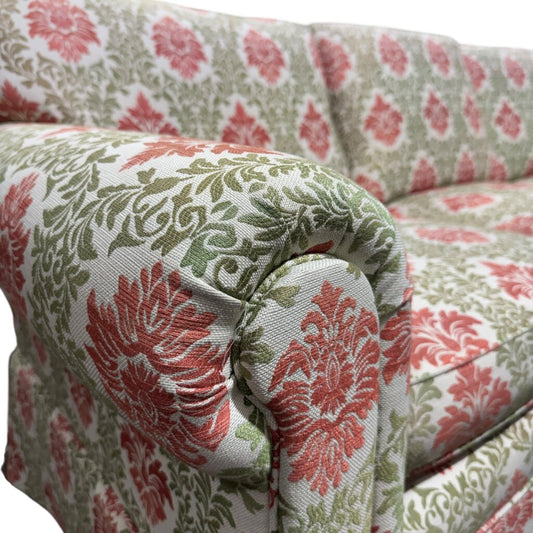 Custom Down Filled Upholstered Sofa w/ Lee Jofa Red & Green Motif Fabric 84Lx36Wx30H