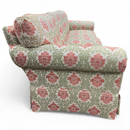 Custom Down Filled Upholstered Sofa w/ Lee Jofa Red & Green Motif Fabric 84Lx36Wx30H