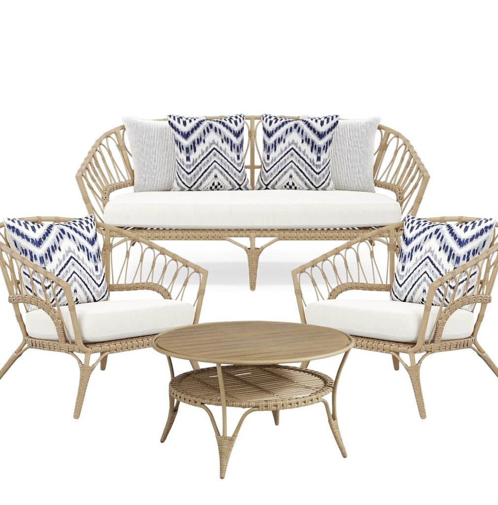 Catalina Natural 4 Pc Outdoor Seating Set (Sofa, 2 Club Chairs, Cocktail Table) Rust Proof Aluminum & Rattan-Style Vinyl Weaving Binding (PreOwned, Perfect Condition)