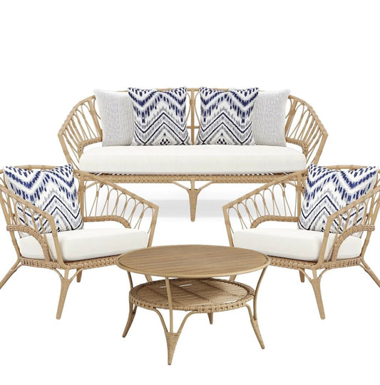 Catalina Natural 4 Pc Outdoor Seating Set (Sofa, 2 Club Chairs, Cocktail Table) Rust Proof Aluminum & Rattan-Style Vinyl Weaving Binding (PreOwned, Perfect Condition)