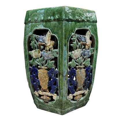 Antique Oriental Hexagonal Majolica Glazed Garden Stool 12Lx12Wx19H