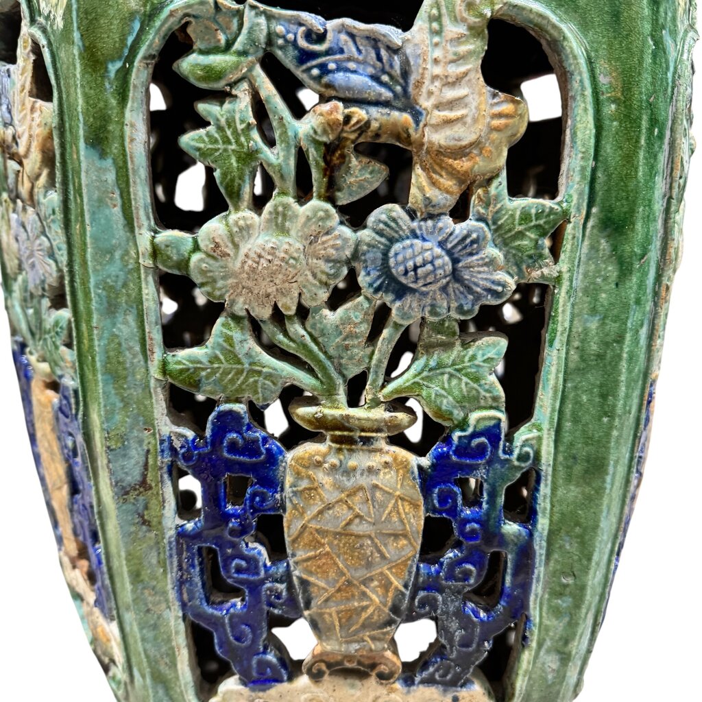 Antique Oriental Hexagonal Majolica Glazed Garden Stool 12Lx12Wx19H