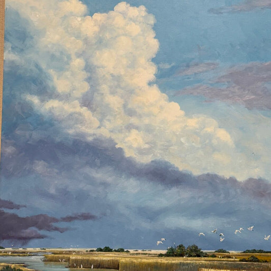 Joe Suroviec "Cloud Parade" Original Oil on Canvas, Coastal Marsh Landscape, Framed, 43Lx55H
