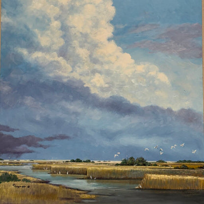 "Cloud Parade" Florida Marsh Landscape Original Oil on Canvas by Listed Artist Joe Suroveic 43Lx55H