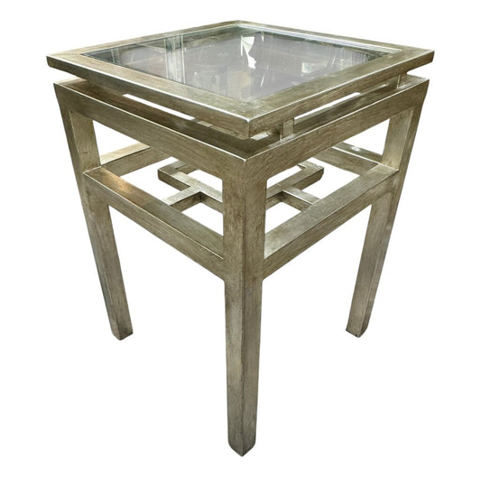Silver-leaf Metal Accent Table w/ Glass Top 18Lx18Lx26H