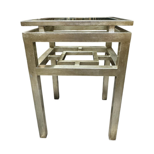 Silver-leaf Metal Accent Table w/ Glass Top 18Lx18Lx26H