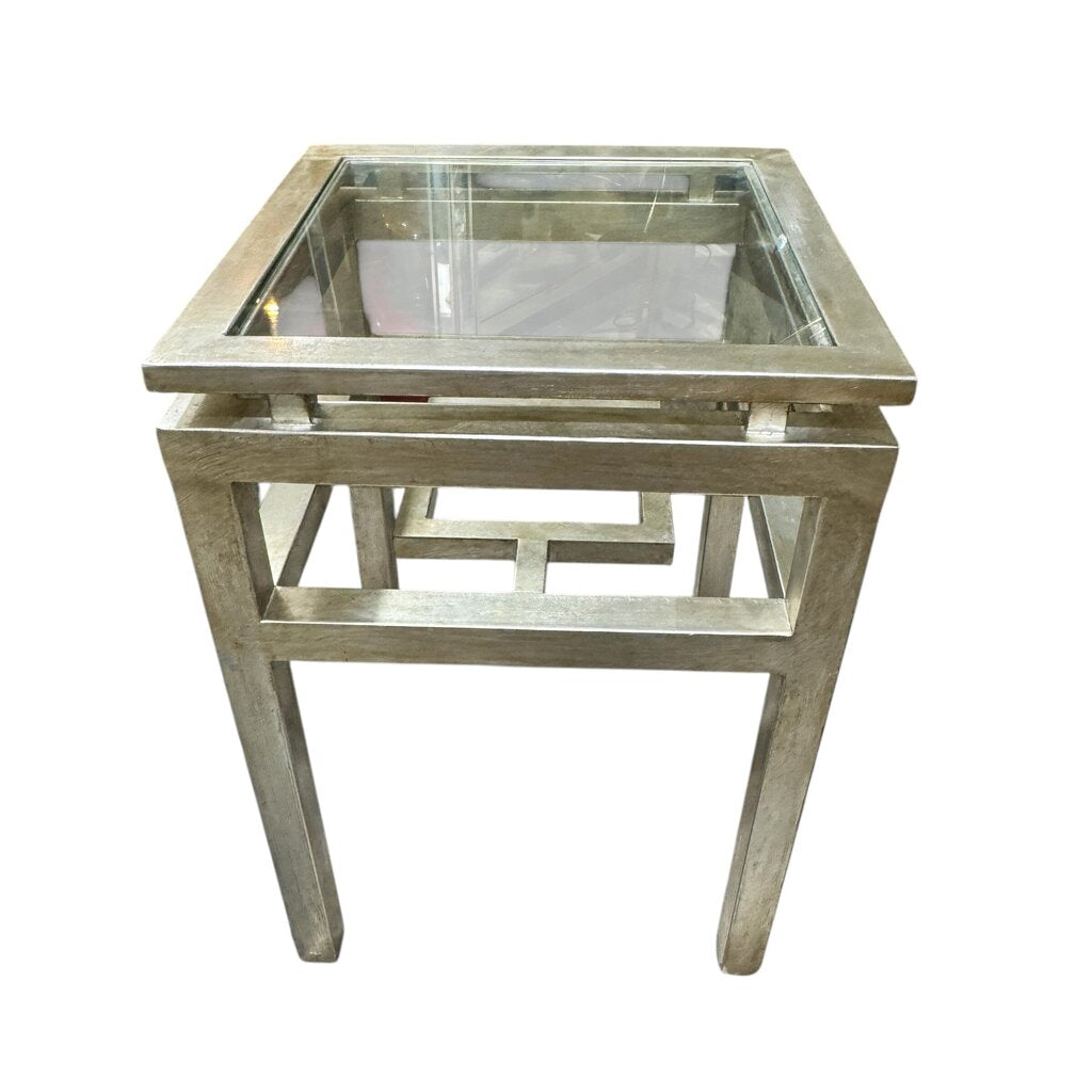 Silver-leaf Metal Accent Table w/ Glass Top 18Lx18Lx26H