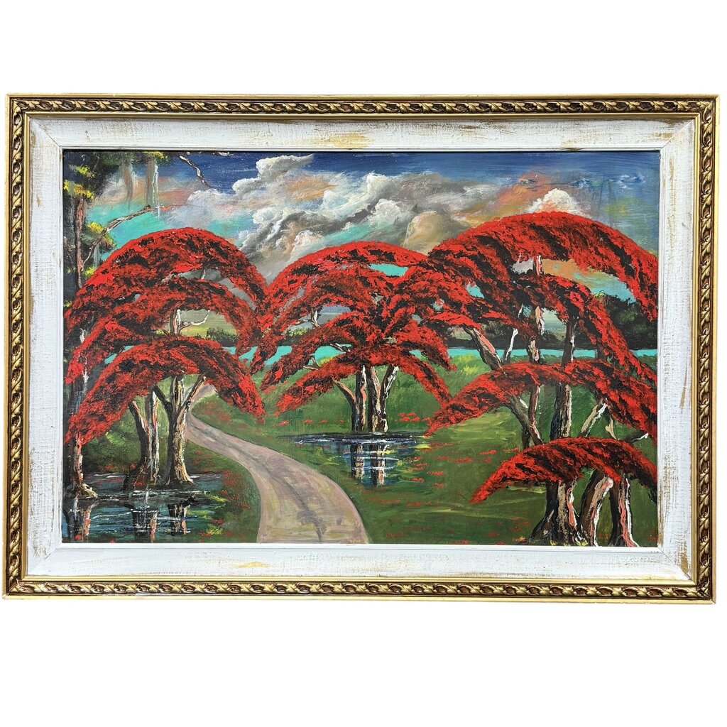 "Red Royal Poinceta Trees" Original Oil on Masonite Board by Self-Proclaimed Florida Highwayman Artist, Michael Sears 42Lx30W
