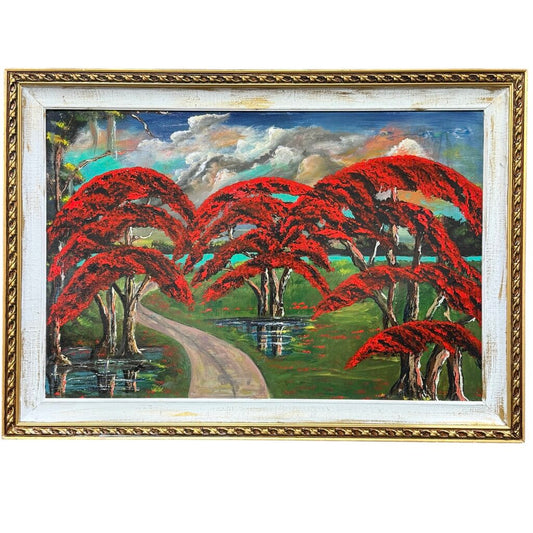 "Red Royal Poinceta Trees" Original Oil on Masonite Board by Self-Proclaimed Florida Highwayman Artist, Michael Sears 42Lx30W